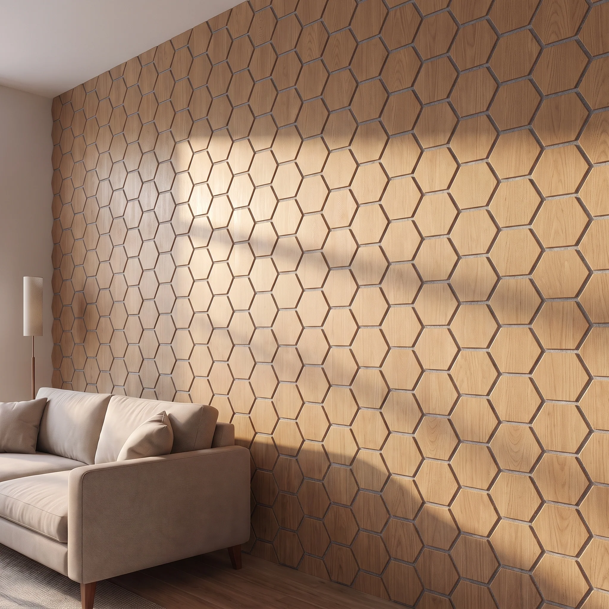 Hexagon Acoustic Panel | Natural Oak with Gray Felt 32 Inch (4 Panels per Box) | Wall Decor - Image 3