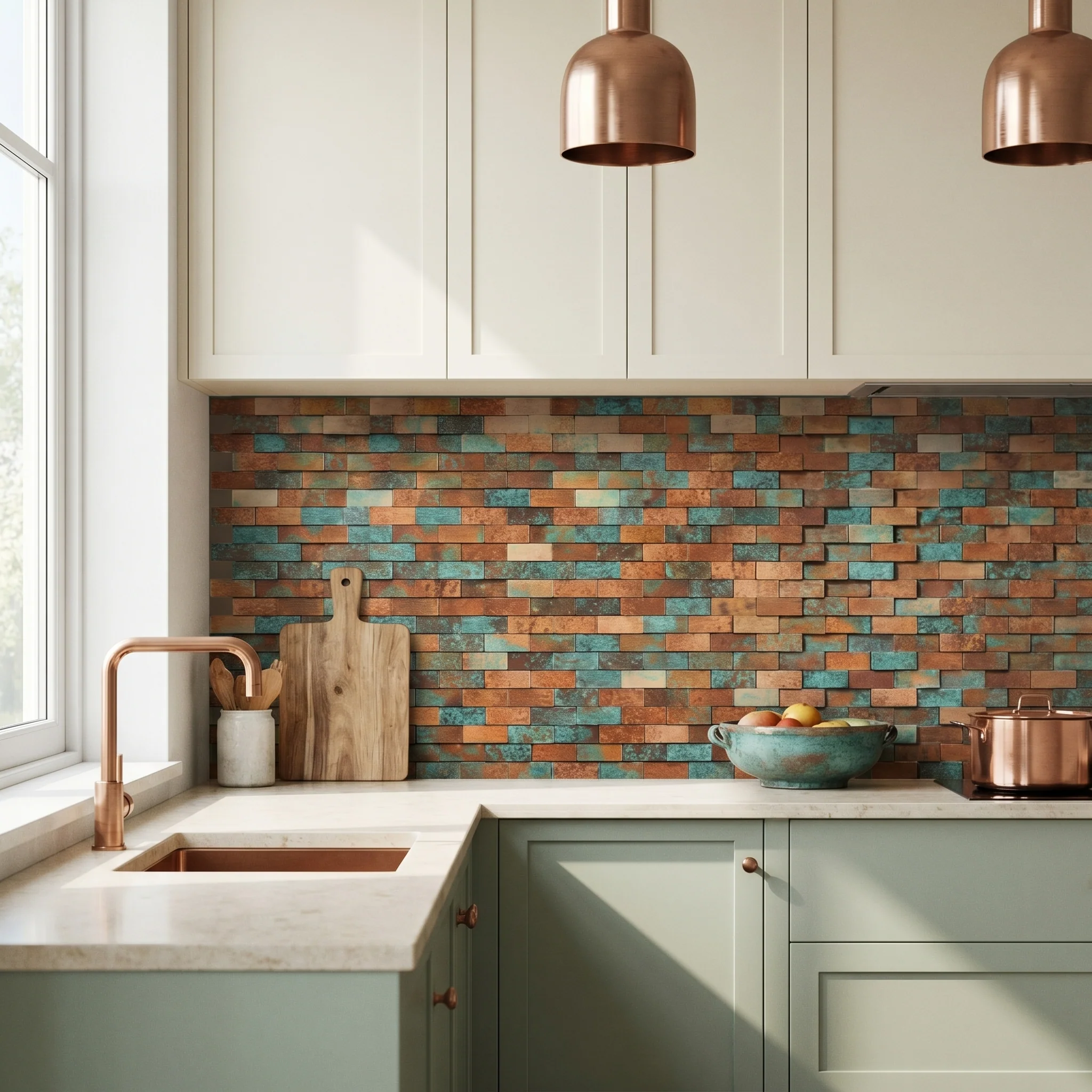 Peel and Stick Backsplash | Brick 3D Patina Copper | 11.73×11.81" - Image 3