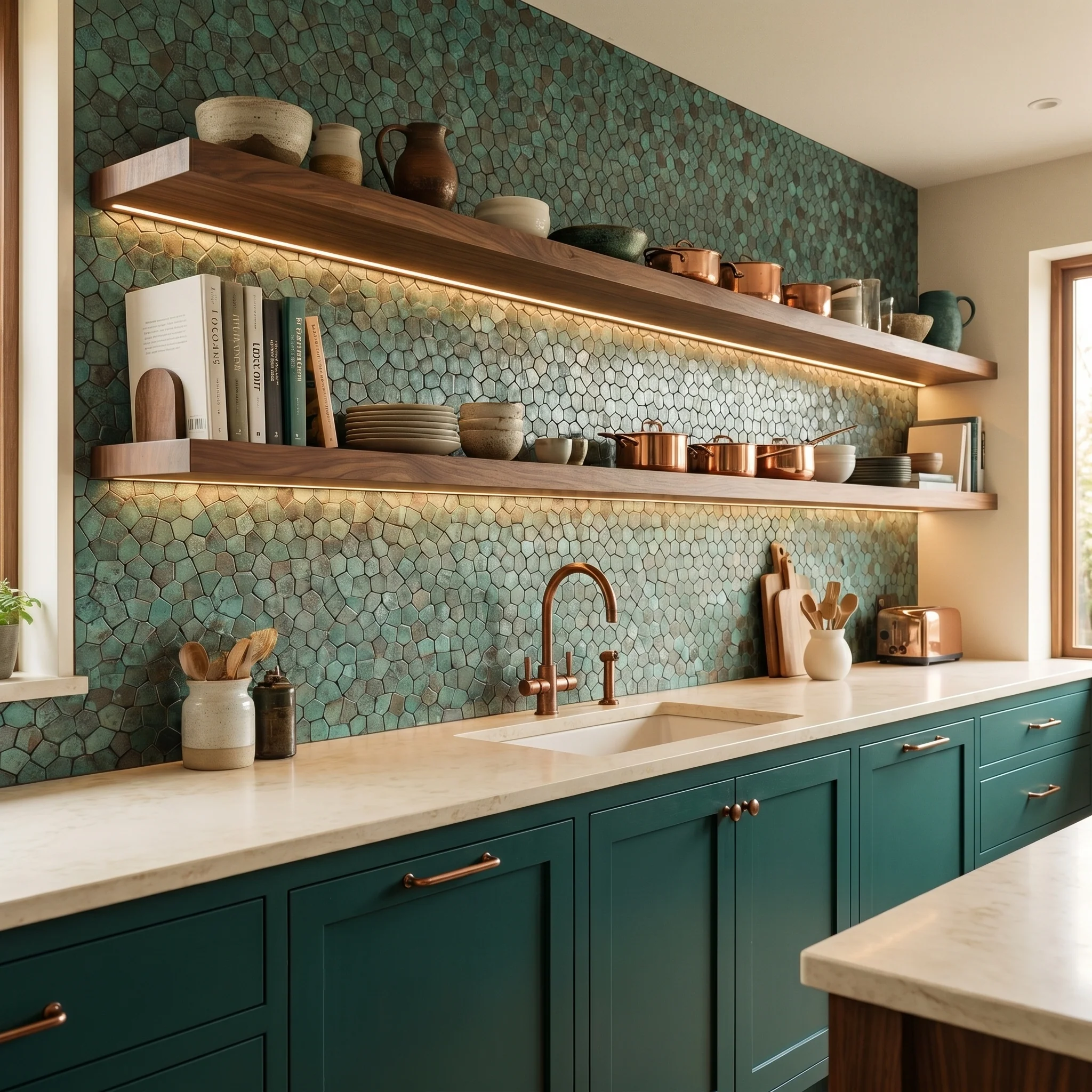 Peel and Stick Backsplash | Pentagon 3D Patina Copper | 11.1×11.1" - Image 3